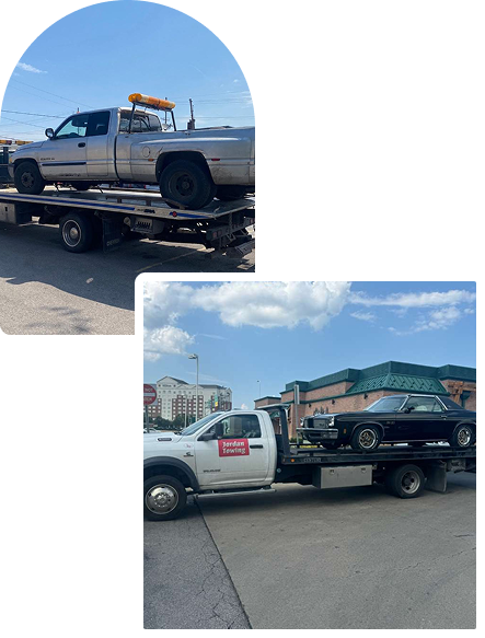 Two tow trucks each with a vehicle loaded on their flatbeds, parked on city streets with buildings in the background.