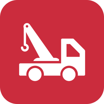 Icon of a tow truck with a crane on a red background.