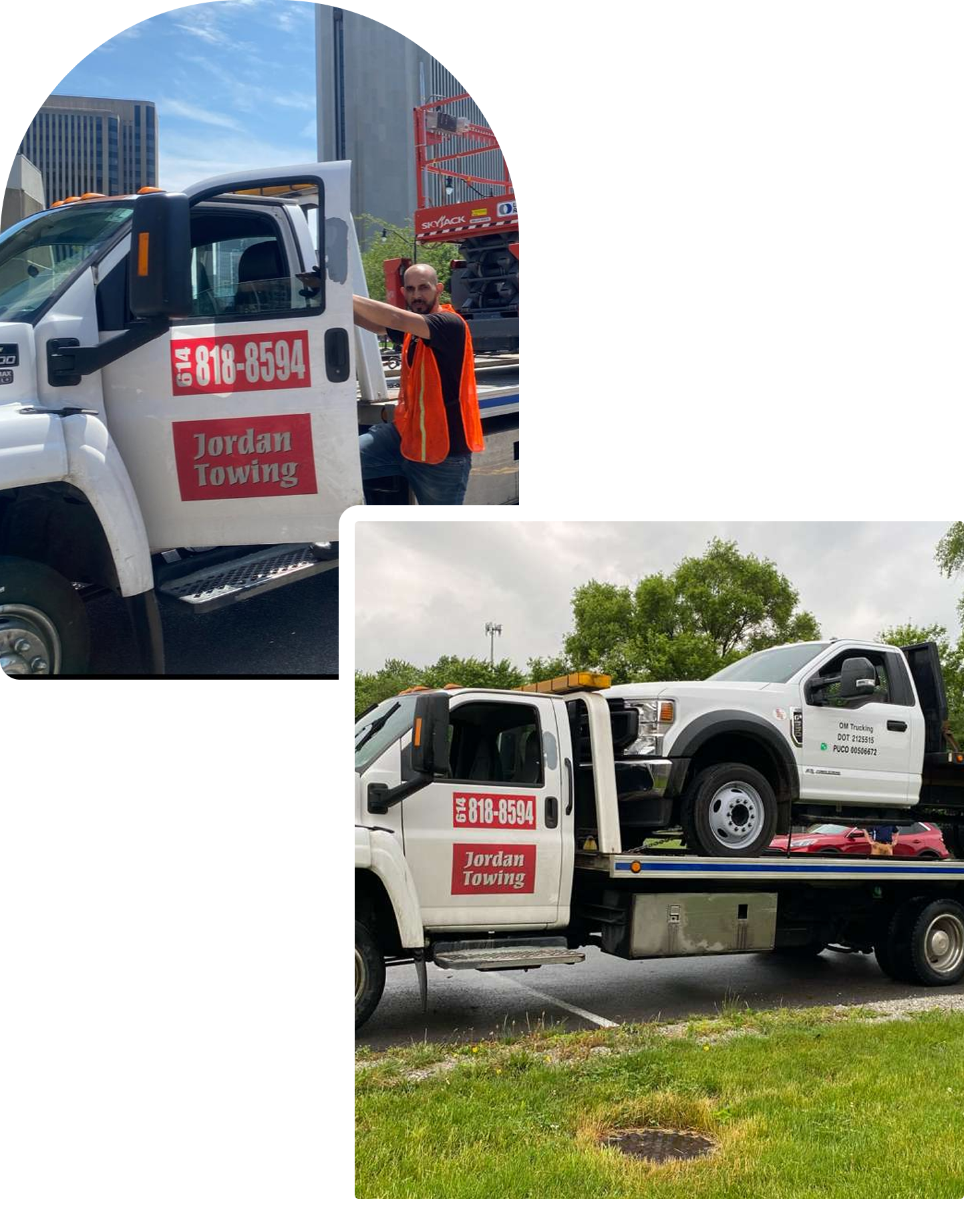 Two tow trucks from Jordan Towing are parked outdoors. One truck has a man in an orange safety vest standing on the side, with a cityscape and blue sky in the background. The trucks have white cabs with red and white signage, and one has a vehicle mounted on its flatbed. The ground is grassy with some patches and dirt.