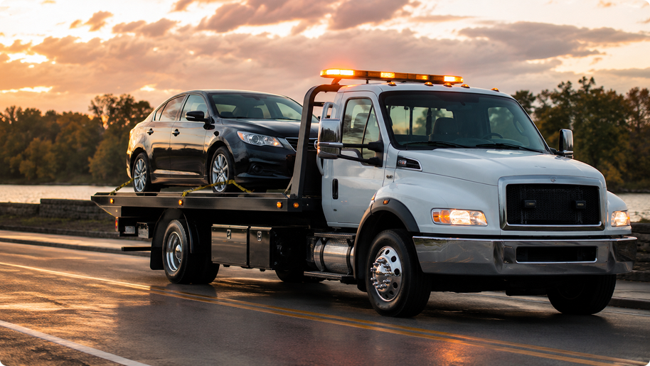 Tow truck transporting a black sedan on a road at sunset.