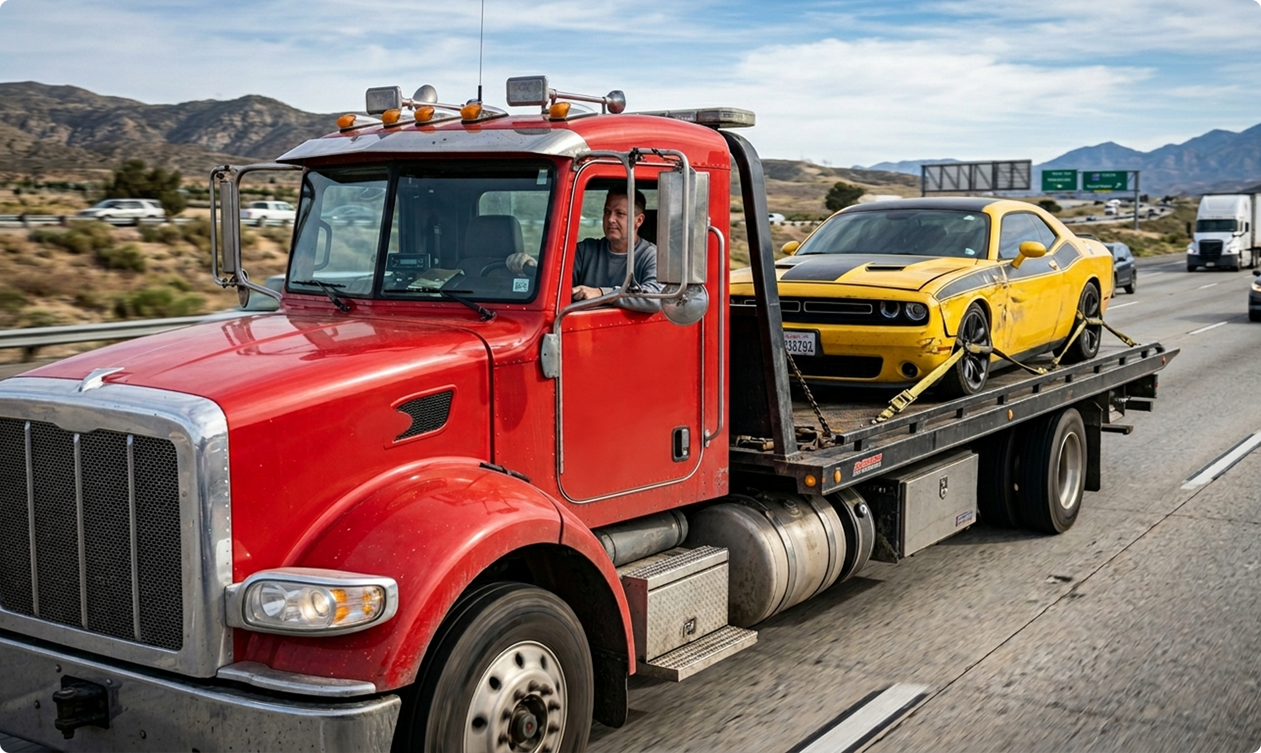 A red tow truck is driving on a highway, carrying a yellow sports car secured with straps. Mountains are visible in the background under a partly cloudy sky.