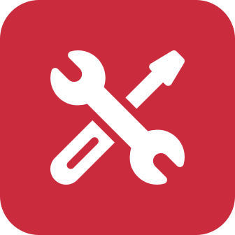 Icon of a wrench and screwdriver crossed over each other on a red background.