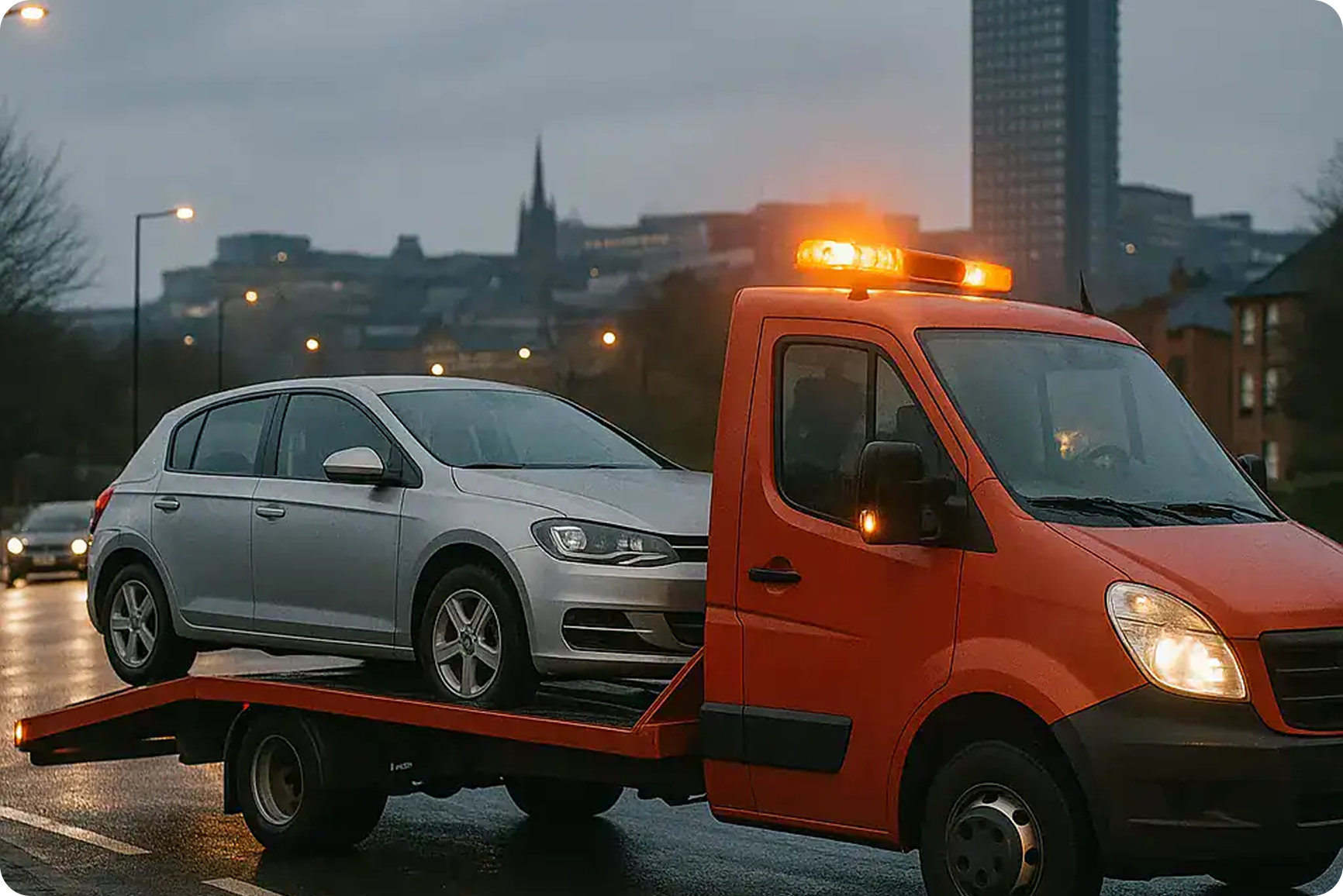 A red tow truck transporting a silver hatchback car on a city street during dawn or dusk with tall buildings and streetlights in the background.
