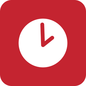 Red background with a white circle containing a red clock showing the time as 3 o'clock.