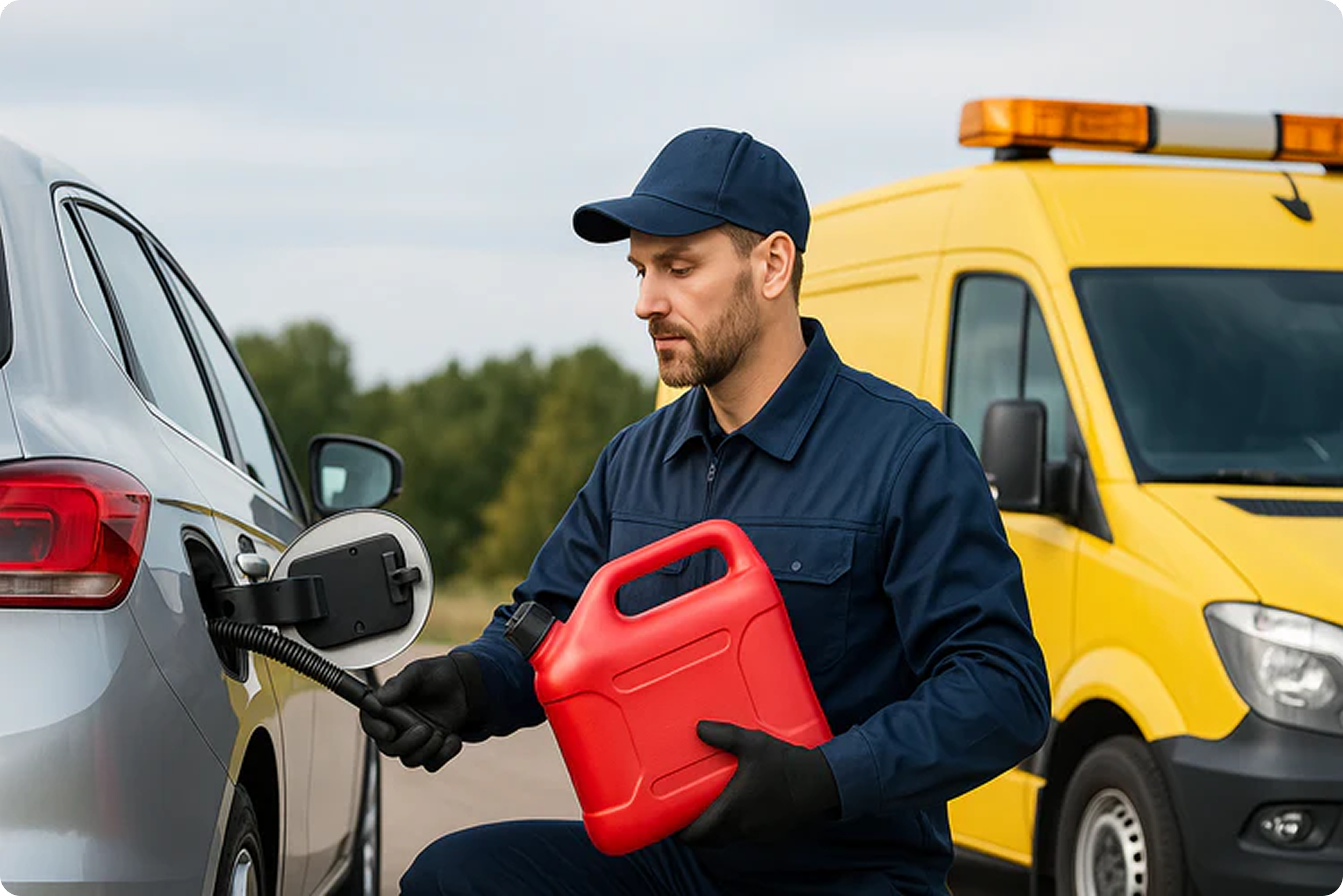 A man wearing a dark blue uniform and cap refueling an electric vehicle at a charging station, with a yellow emergency vehicle in the background.