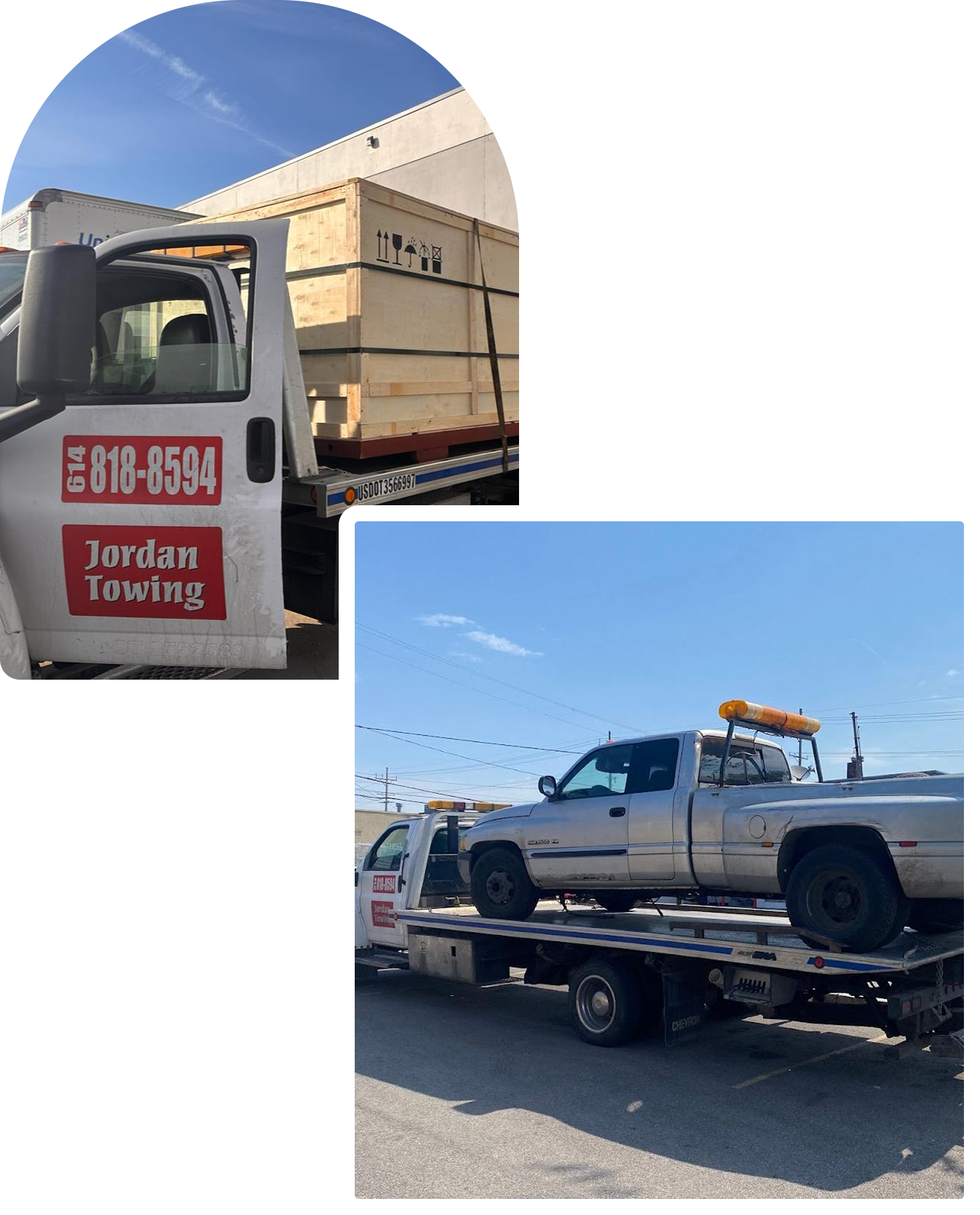 A tow truck carrying a white pickup truck with a utility bed, parked outdoors on a sunny day under a blue sky.