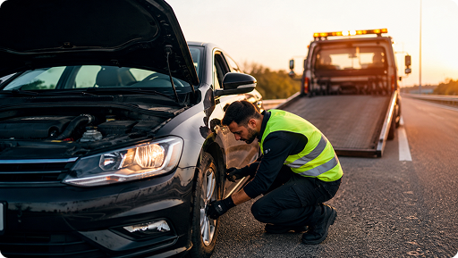 A man in a yellow safety vest checking or fixing a flat tire on a black sedan, with a tow truck parked behind on the highway at sunset.
