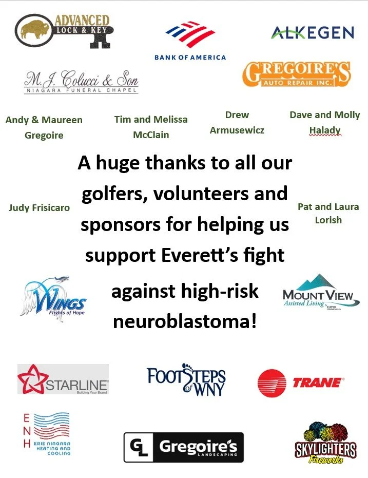 A thank you message surrounded by logos of various sponsors, thanking golfers, volunteers, and sponsors for supporting Everett's fight against high-risk neuroblastoma.
