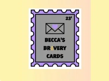 A graphic resembling a postage stamp with a purple border and gray background, showcasing an envelope with a purple heart. Text reads "BECCA'S BR VERY CARDS" and a small '23' in the top right corner.