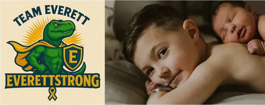 A logo of Team EverettTStrong with a muscular green dinosaur dressed as a superhero, and a photo of two boys lying on a bed, one with short hair and an arm around the other, both smiling.
