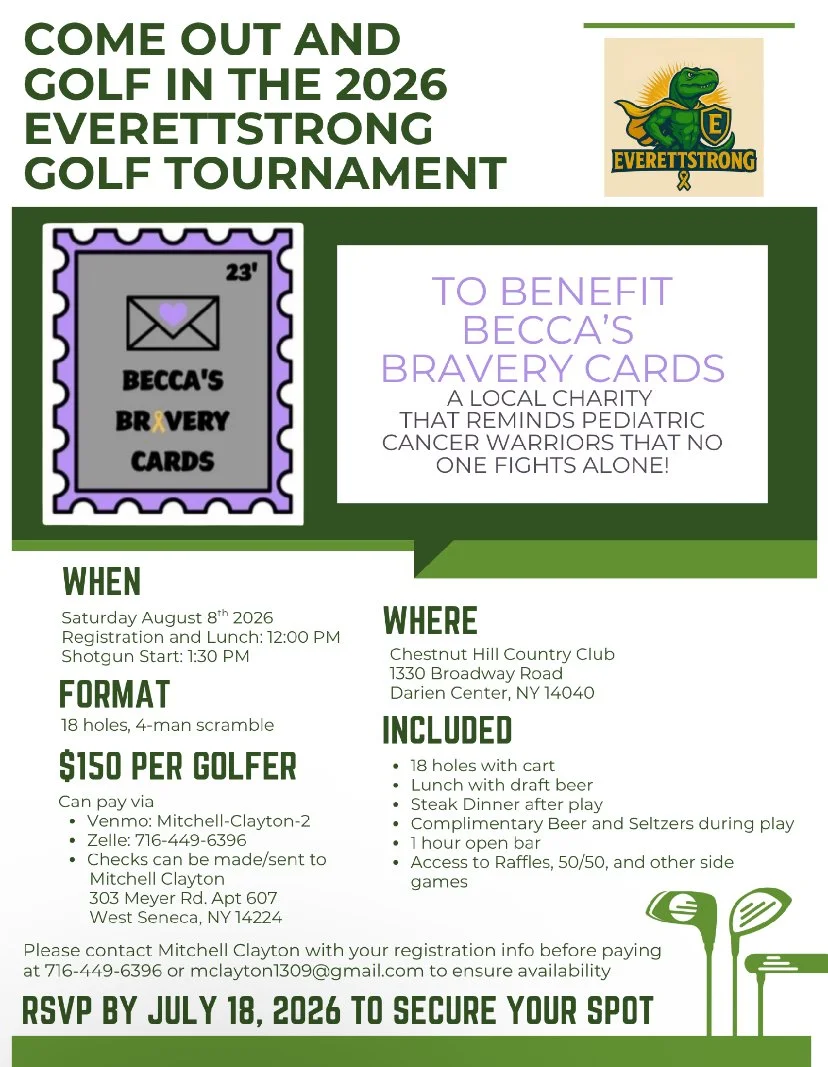 Flyer for the 2026 Everettrstrong Golf Tournament benefiting Becca's Bravery Cards, featuring event details, location at Chestnut Hill Country Club, August 8, 2026, 18 holes, $150 fee, and logo of a green dinosaur wearing a golf cap with the word Everettrong.
