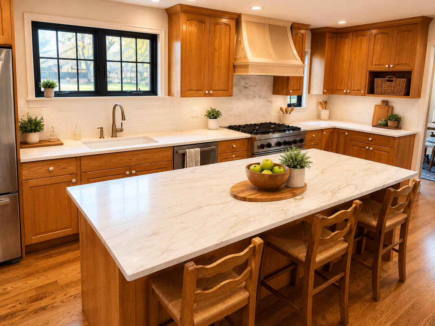 A spacious kitchen with wooden cabinets, white marble countertops, a large island with a bowl of green apples, and a window overlooking a yard with trees.