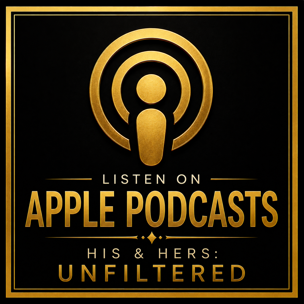 Gold podcast logo with a stylized microphone and concentric circles, against a black background, with text 'Listen on Apple Podcasts His & Hers: Unfiltered' in gold and white.
