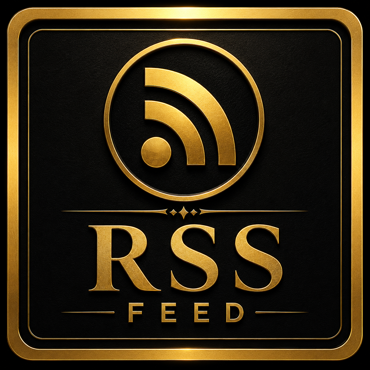 A black and gold emblem with a RSS feed icon and the words 'RSS Feed' in gold lettering.