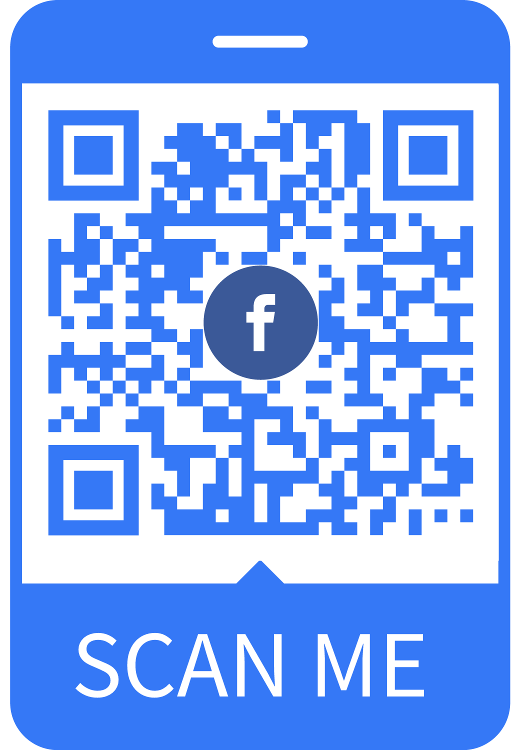 A blue and white Facebook QR code with the words 'SCAN ME' at the bottom.