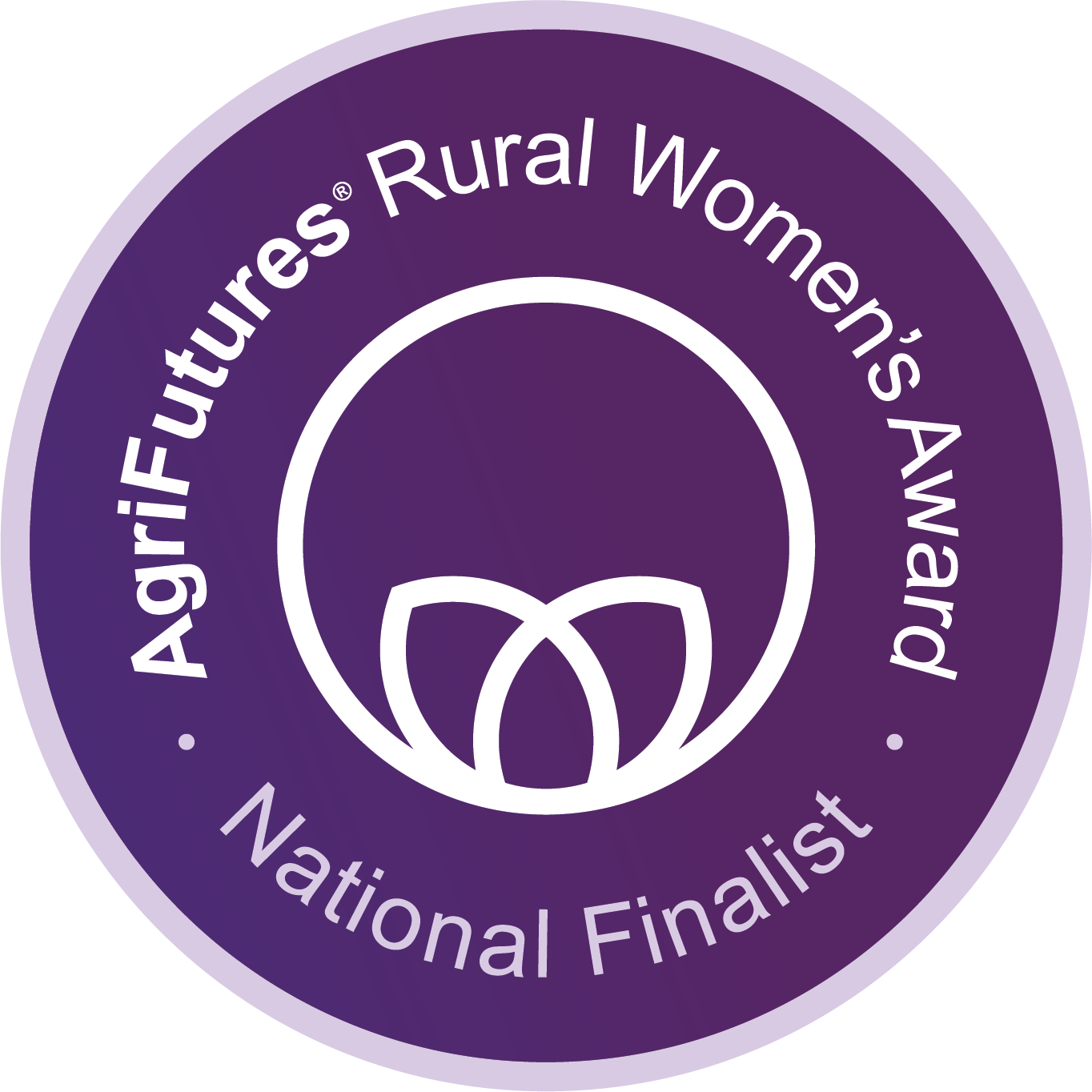 Purple circular badge with white outline and text that reads "Agricultural Futures® Rural Women's Awards" and "National Finalist," featuring a stylized abstract depiction of a flower or plant in the center.