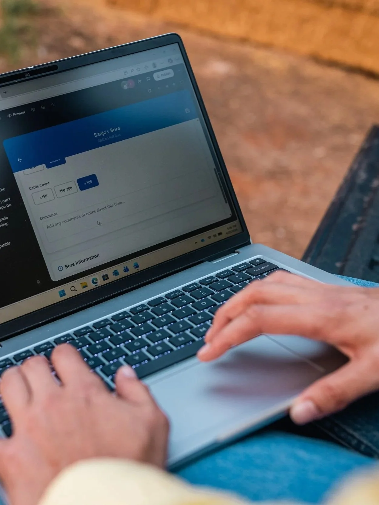 Close-up of a person typing on a laptop keyboard while sitting outdoors. The laptop screen displays a webpage about 'Banjo's Bore' with options for cattle count.