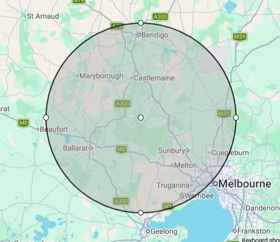 Map showing a circular area around Melbourne, Australia, with city names and roads visible within and outside the circle to show service area.