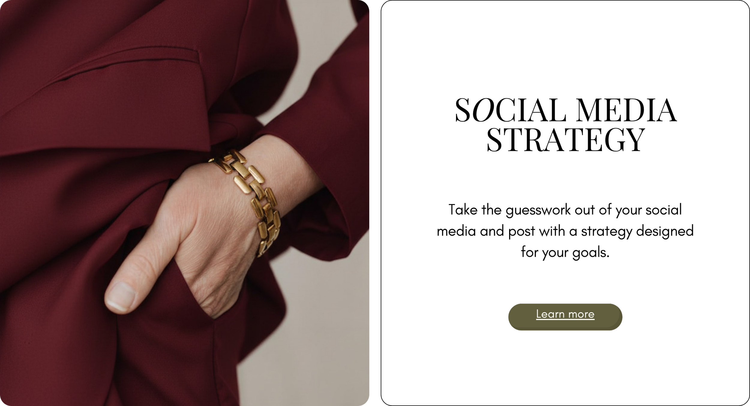 Close-up of a person wearing a gold bracelet, dressed in a burgundy top or jacket, with their hand resting on their forearm.