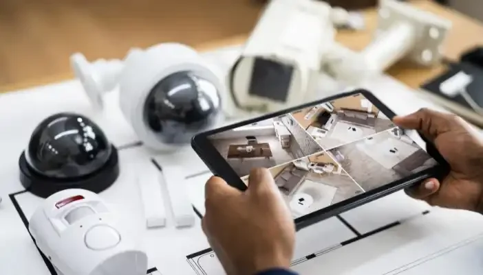 Person holding a tablet in front of a security camera and alarm system components on a table.