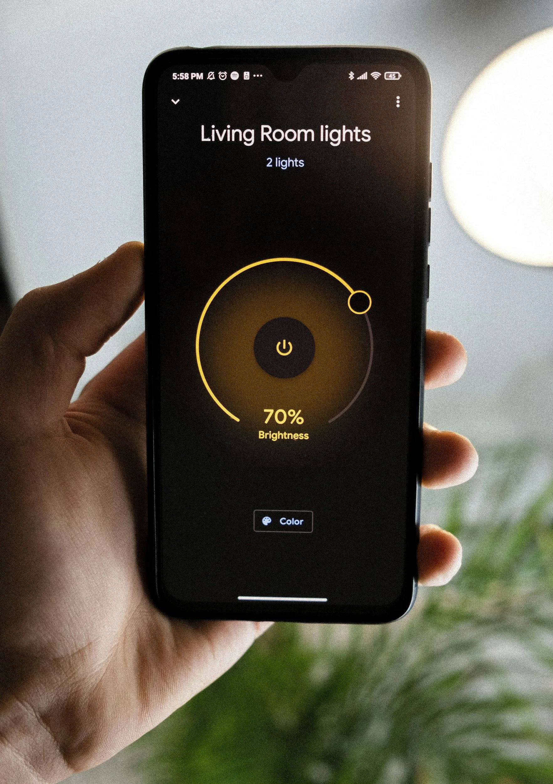 A smartphone held in a person's hand displays a screen titled 'Living Room lights' with a circular brightness control at 70%. The background includes a blurred indoor space with a white circular light fixture and some green plants.