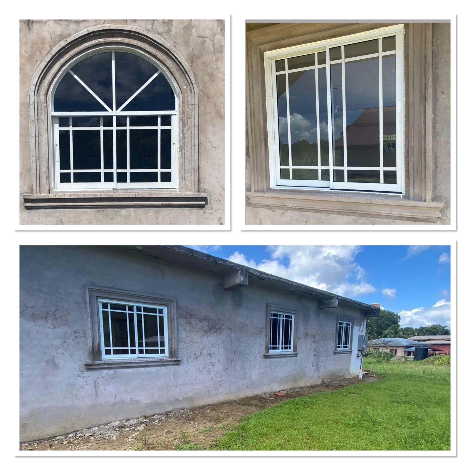 Comparison of new and old windows on a house exterior. The new windows have decorative grilles and are installed in an unfinished wall, while the old windows are plain with no grilles and in a stucco wall.