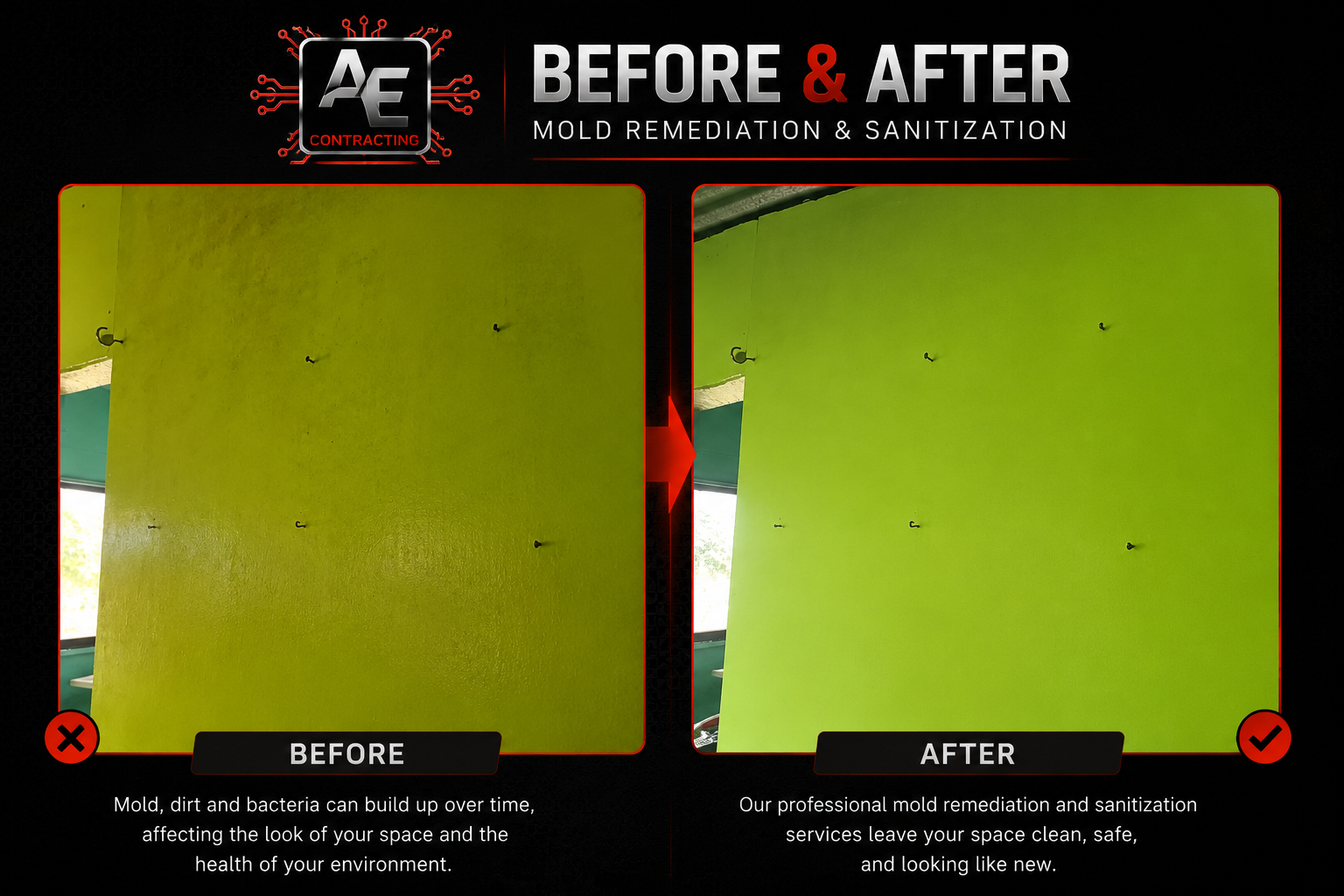 Comparison of a moldy, dirty green wall before and after professional remediation and sanitization, showing cleaner surface after treatment with mold-free appearance.