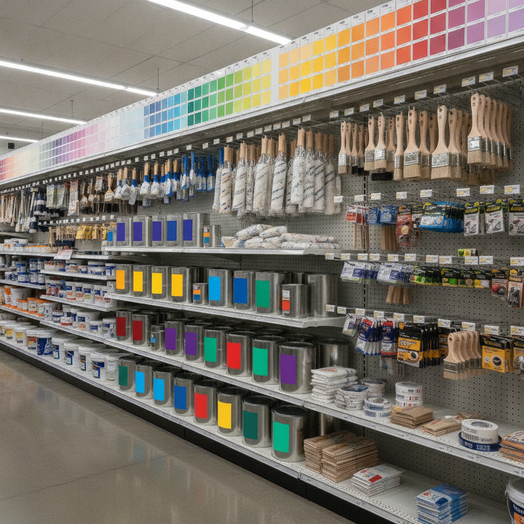 Paint supplies aisle with color samples, paint cans, brushes, paint rollers, and painting accessories in a store.