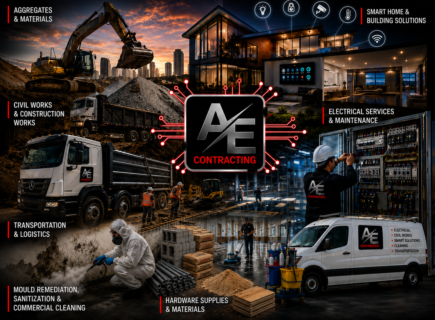 A collage of construction and contracting services, featuring heavy machinery, workers, building interiors, electrical panels, and building materials, around a central logo with the words 'AE Contracting.'