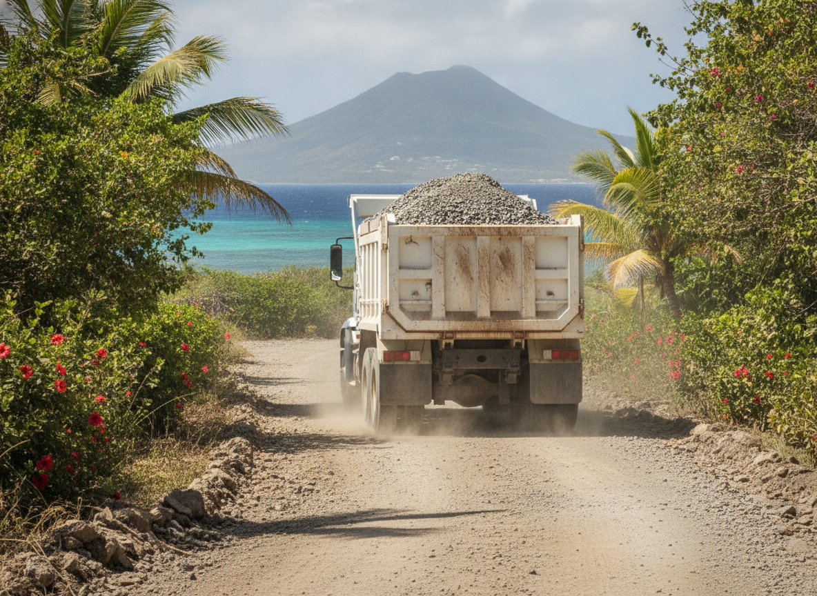 A white dump truck carrying gravel drives on a dirt road lined with tropical plants, with the ocean and a volcano visible in the background.