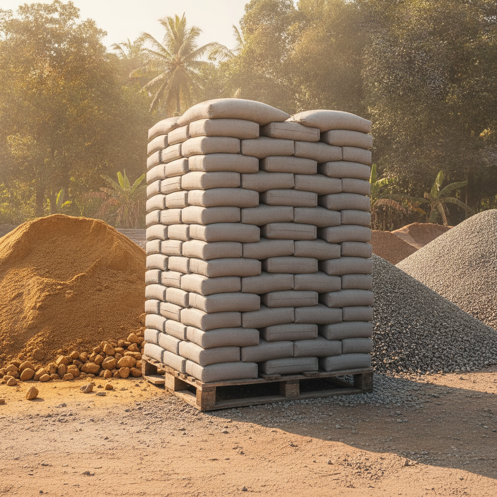 Stacked bags of cement or construction materials outdoors with piles of different colored gravel and sand, trees, and palm trees in the background.