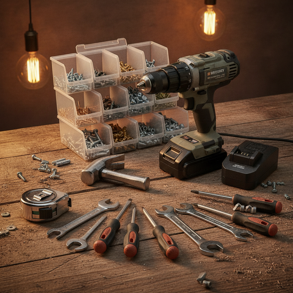 A wooden workbench with a cordless drill, various hand tools, screws, and a plastic organizer containing different types of screws and hardware, with hanging Edison bulbs overhead.
