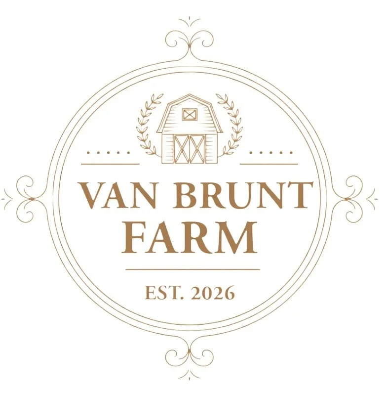 Logo with a barn illustration, surrounded by decorative swirls and leaves, reading "Van Brunt Farm" with "Est. 2026" below - Van Brunt Farm Located in WA, USA