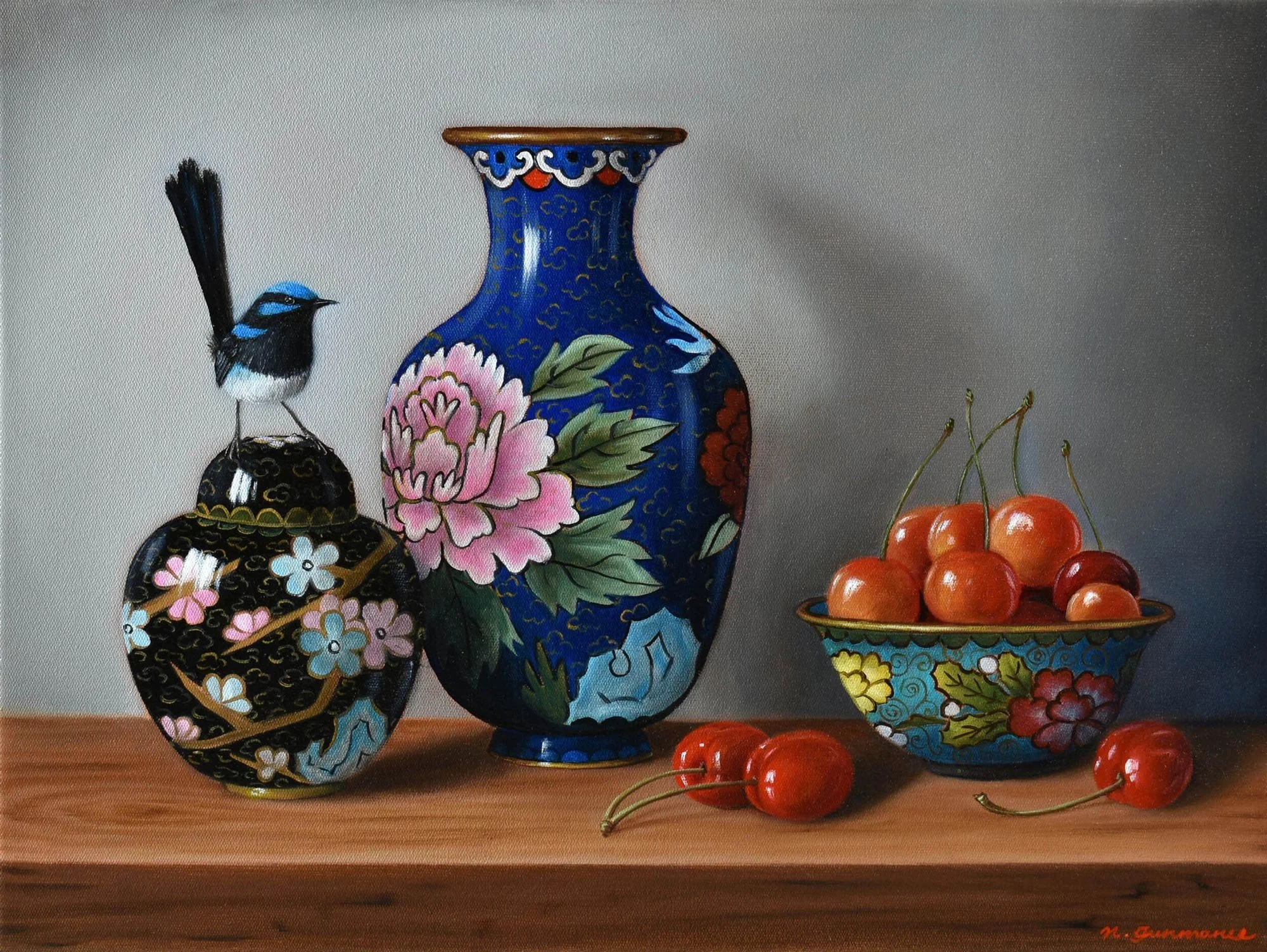 Cloisonne Collection with Fairy Wren
oil on canvas 
30 x 40 cm
$1,600