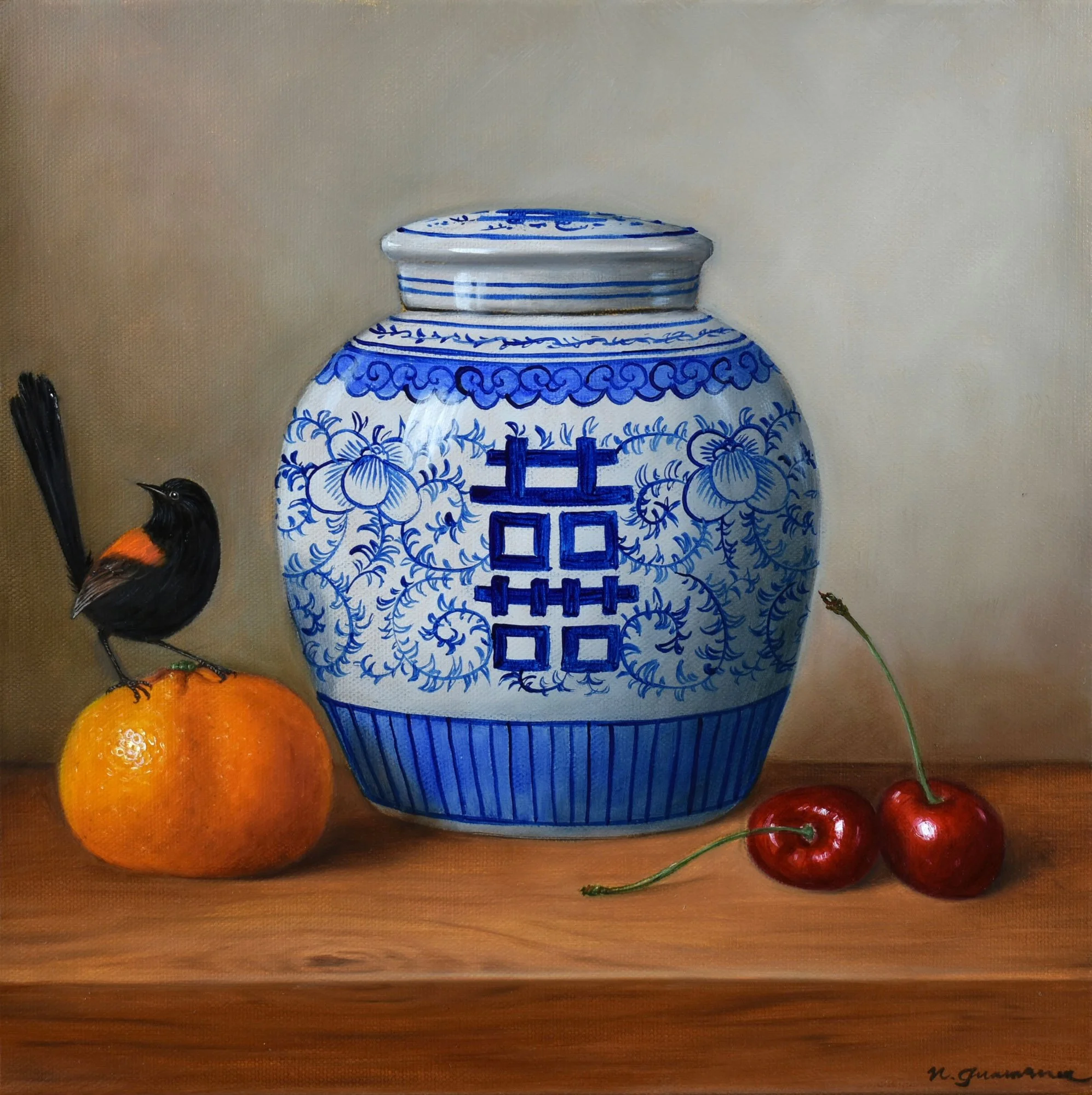 Red backed fairy-wren and Double happiness jar 
oil on canvas
30 x 30 cm