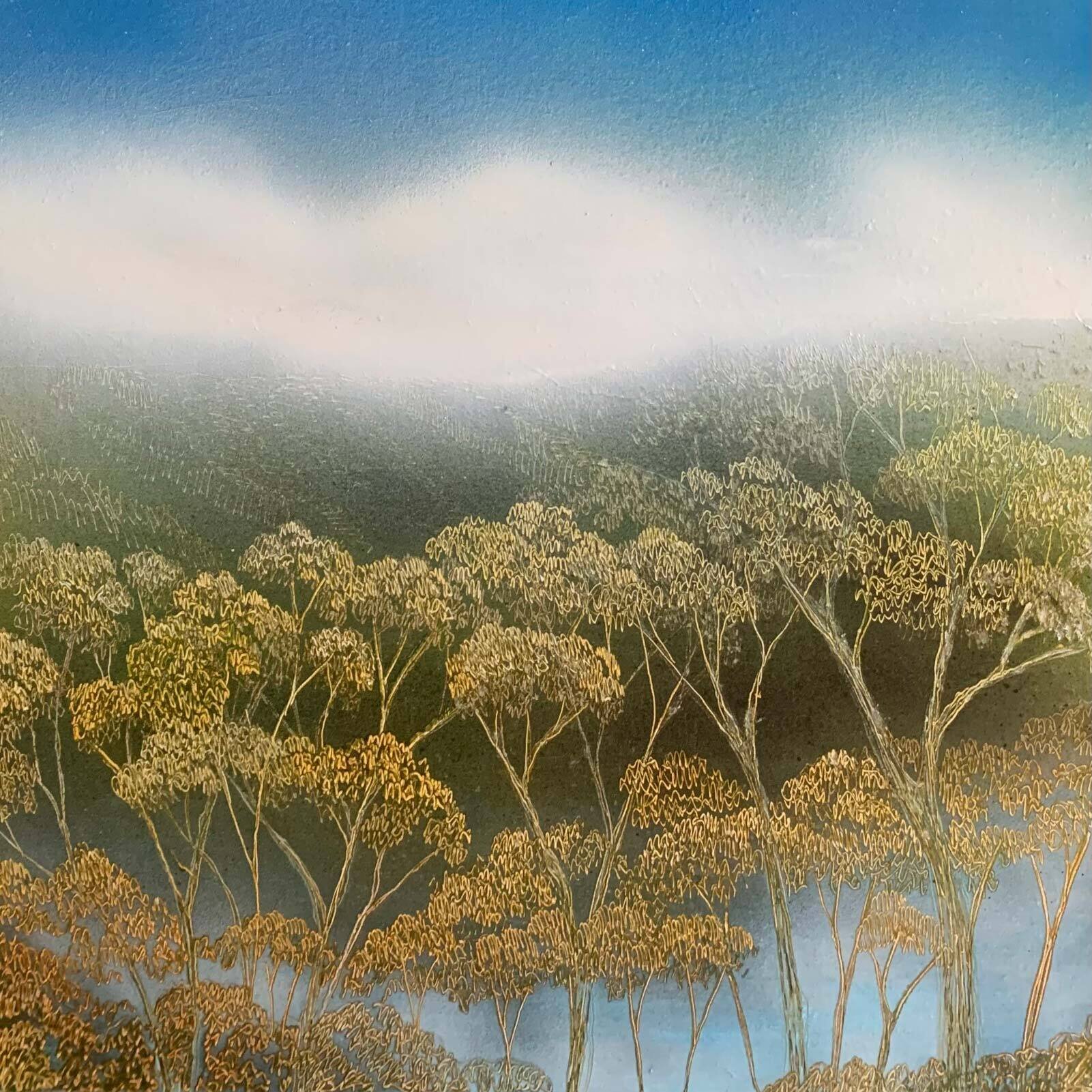 Glimpses through Trees 2 
ink, acrylic, soldering iron on board 
32 x 32 cm framed
