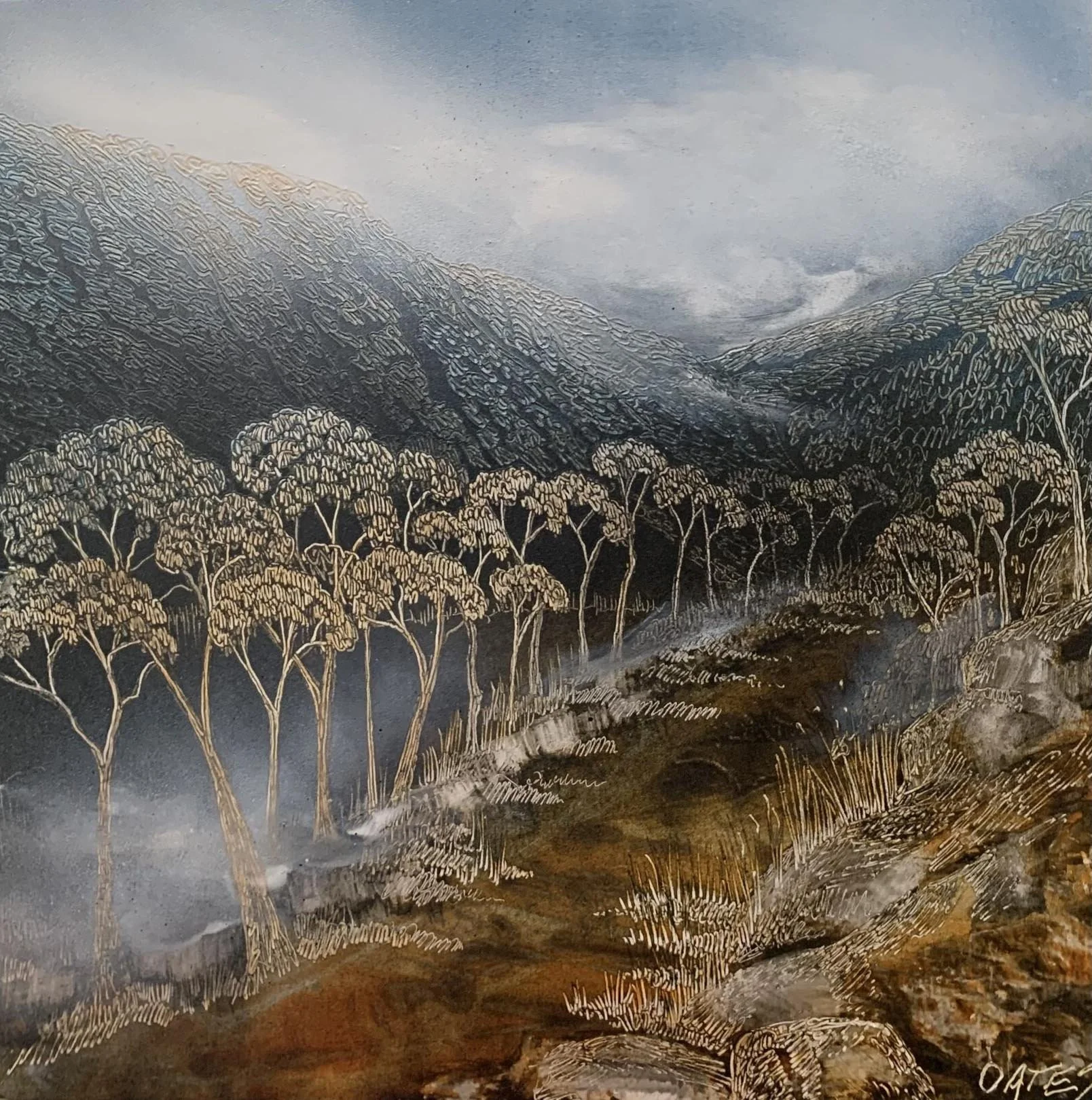 The Trail 
acrylic, ink, and soldering iron on board 
42 x 42 cm