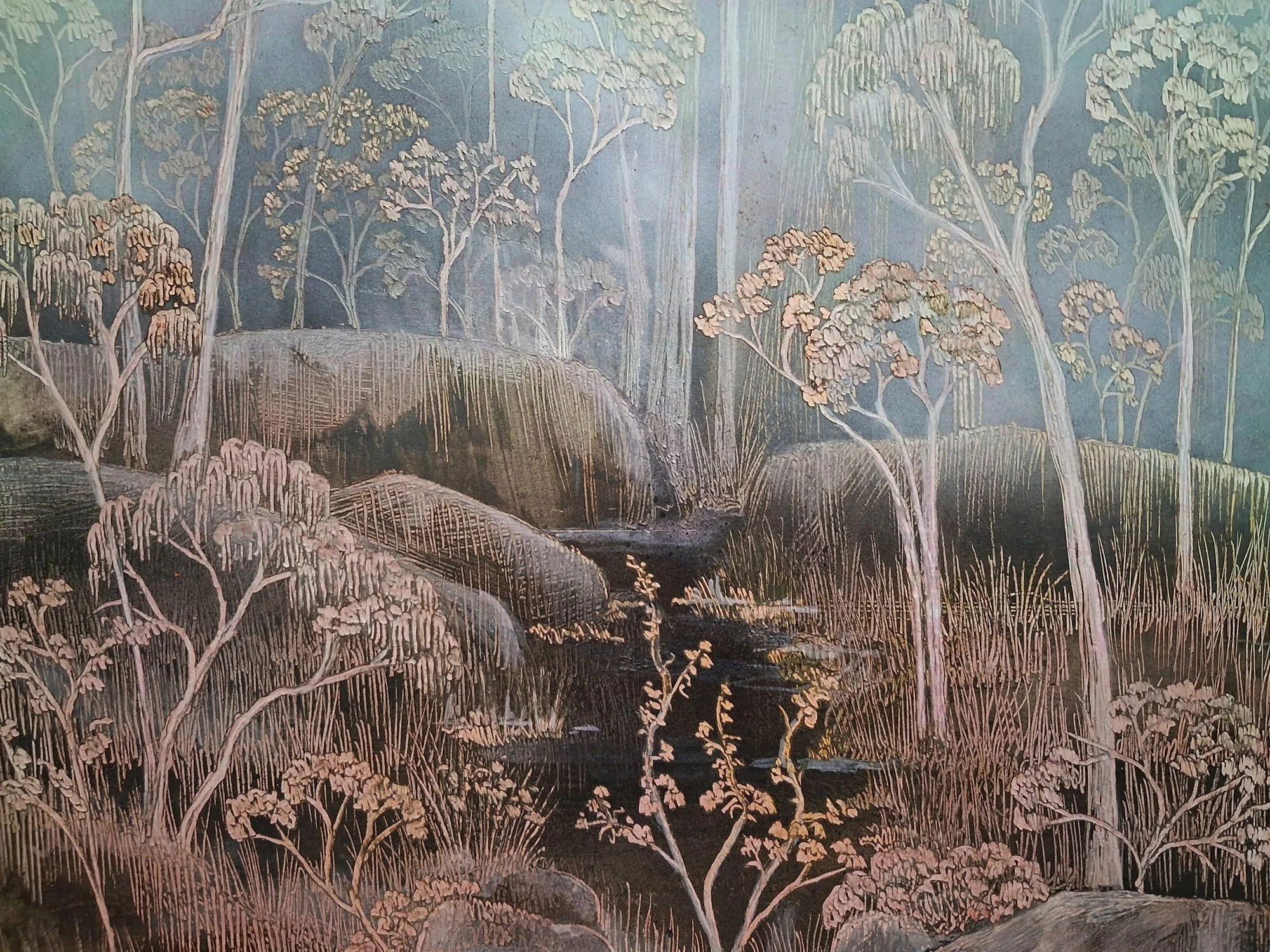 Along the River Bed
ink, acrylic, soldering iron on board
30 x 37 cm