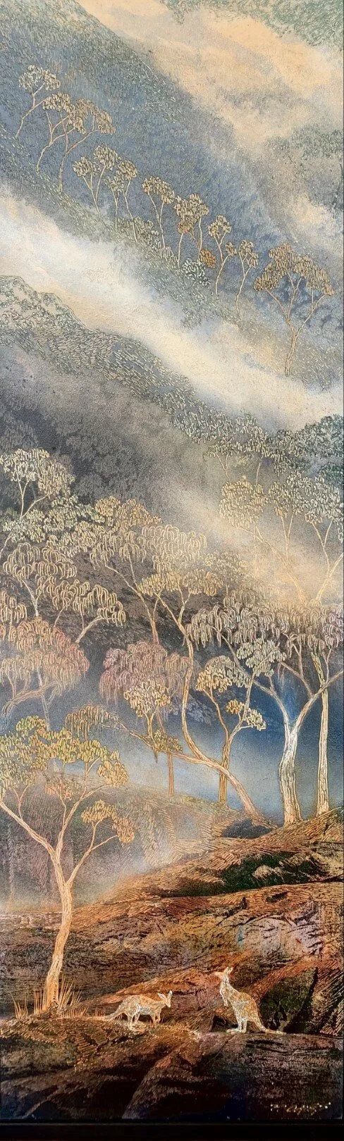 Bushland Home 3 
ink, acrylic, soldering iron on board 
74 x 25 cm framed