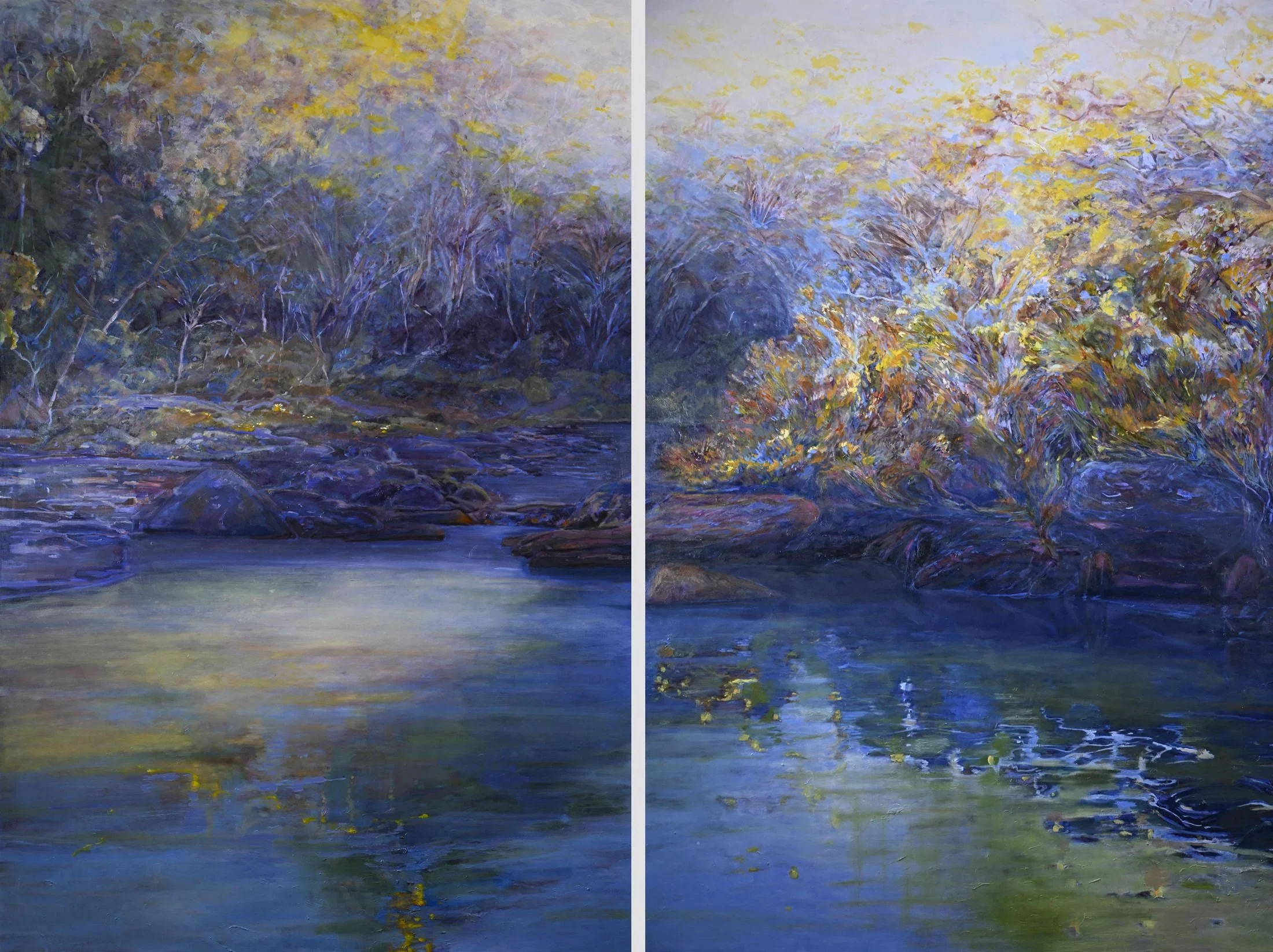 The Crossing (diptych)
180 x 240 cm (180 x 120 cm each panel)
oil & pigment on poly-cotton canvas, framed in solid Tassie Oak