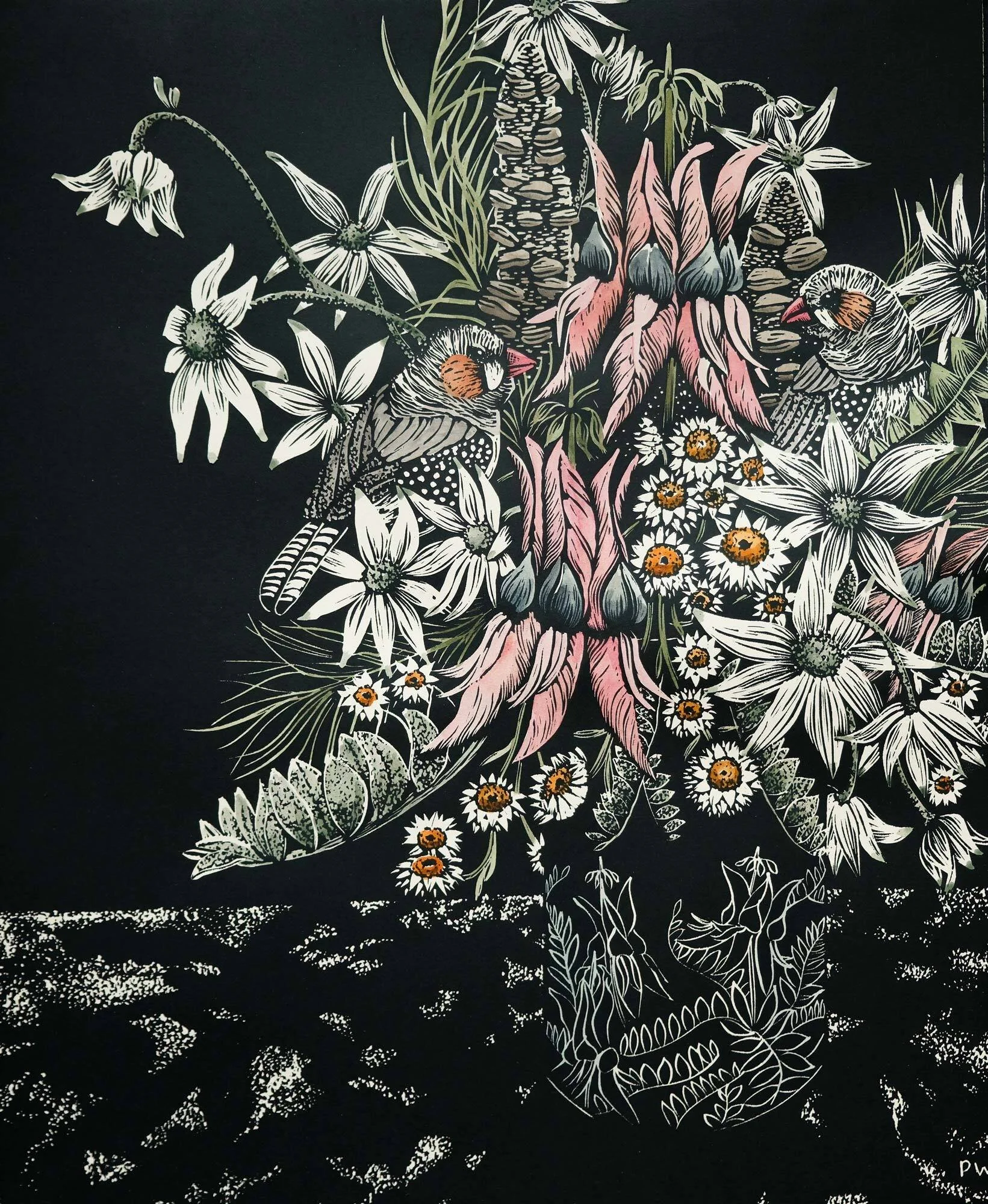 Ode to Preston - Sturt's Desert Pea etc
handpainted relief linocut
Ed. 1/10
47 x 38cm / framed 64 x 53 cm
$2,200 (framed)