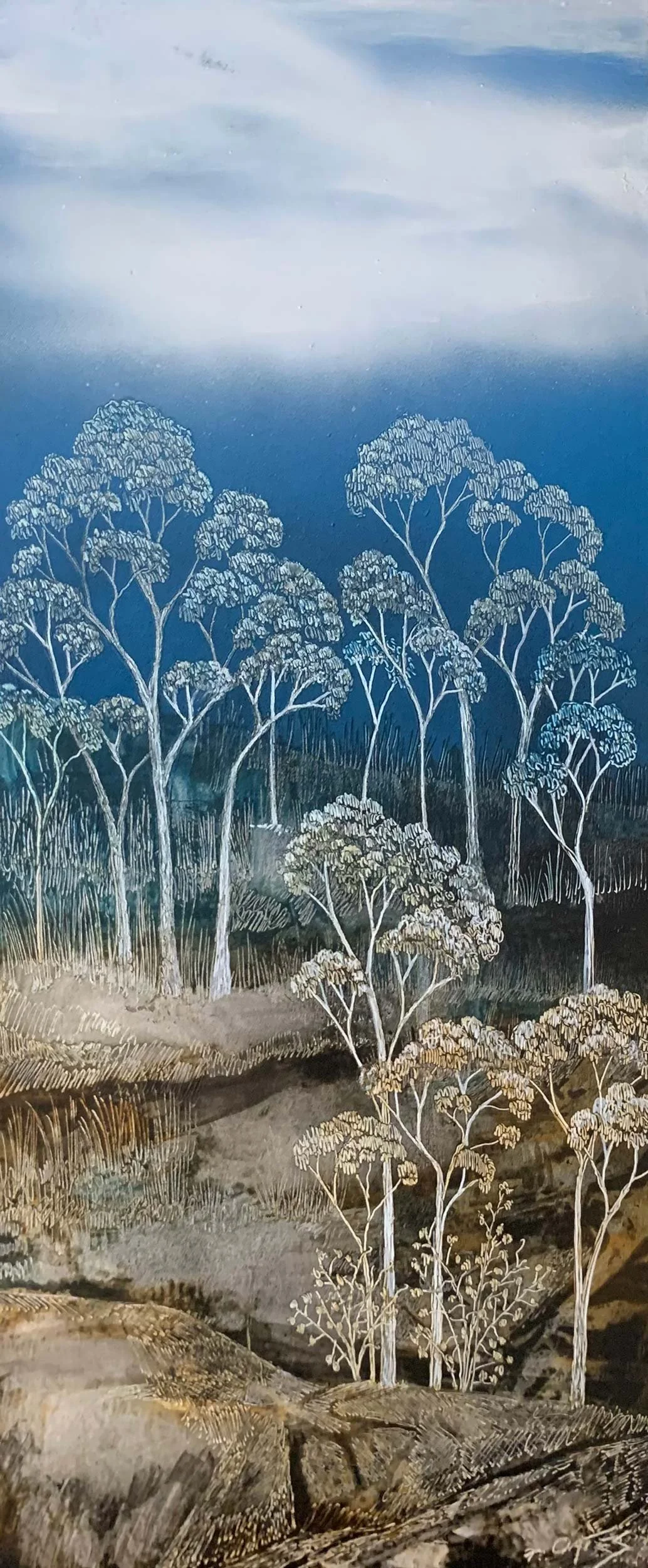 Sentinels of the Bush I 
acrylic, ink, and soldering iron on board 
54 x 24 cm