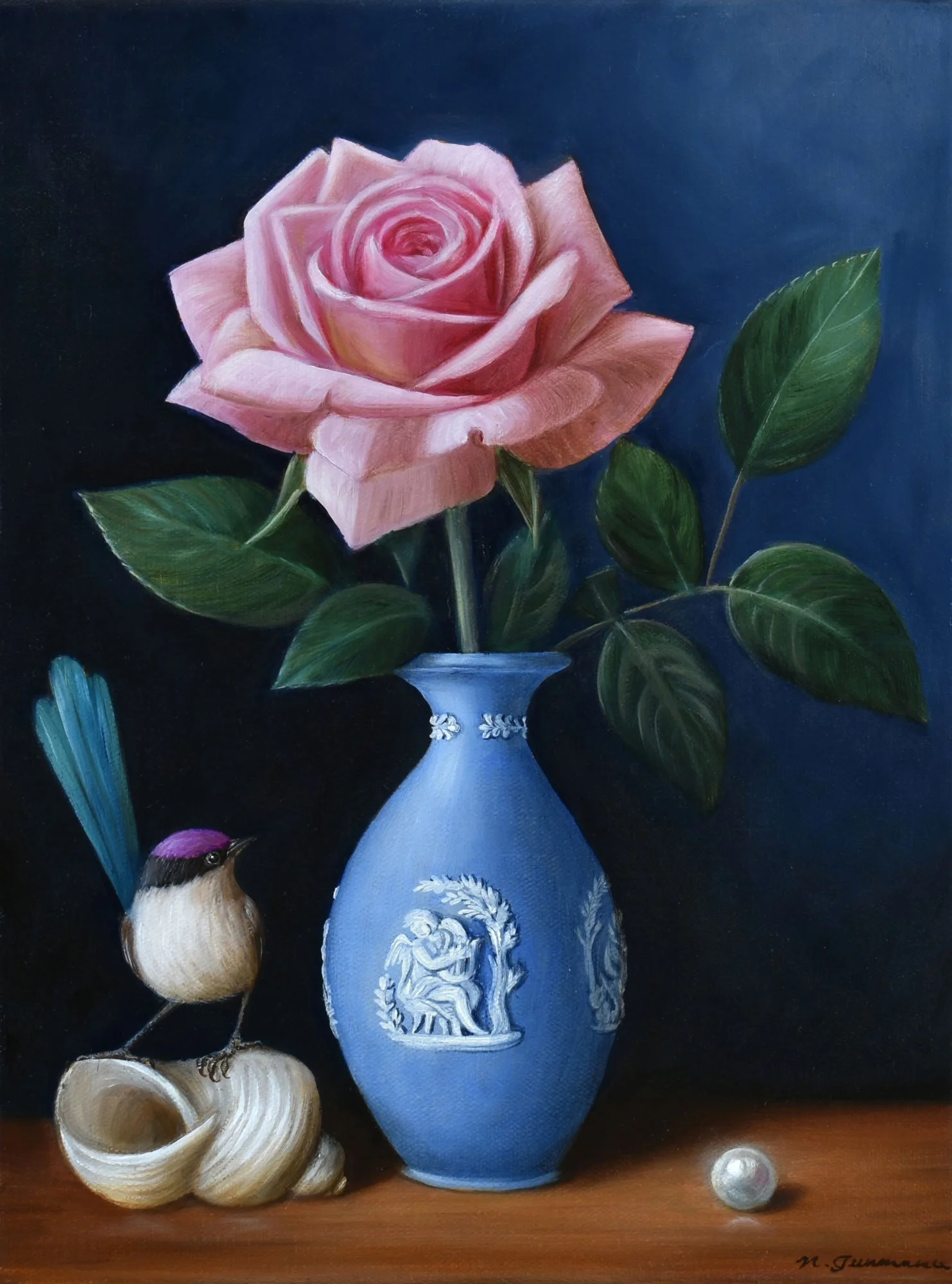 Purple crowned fairy-wren and pink rose 
oil on canvas
30 x 23 cm