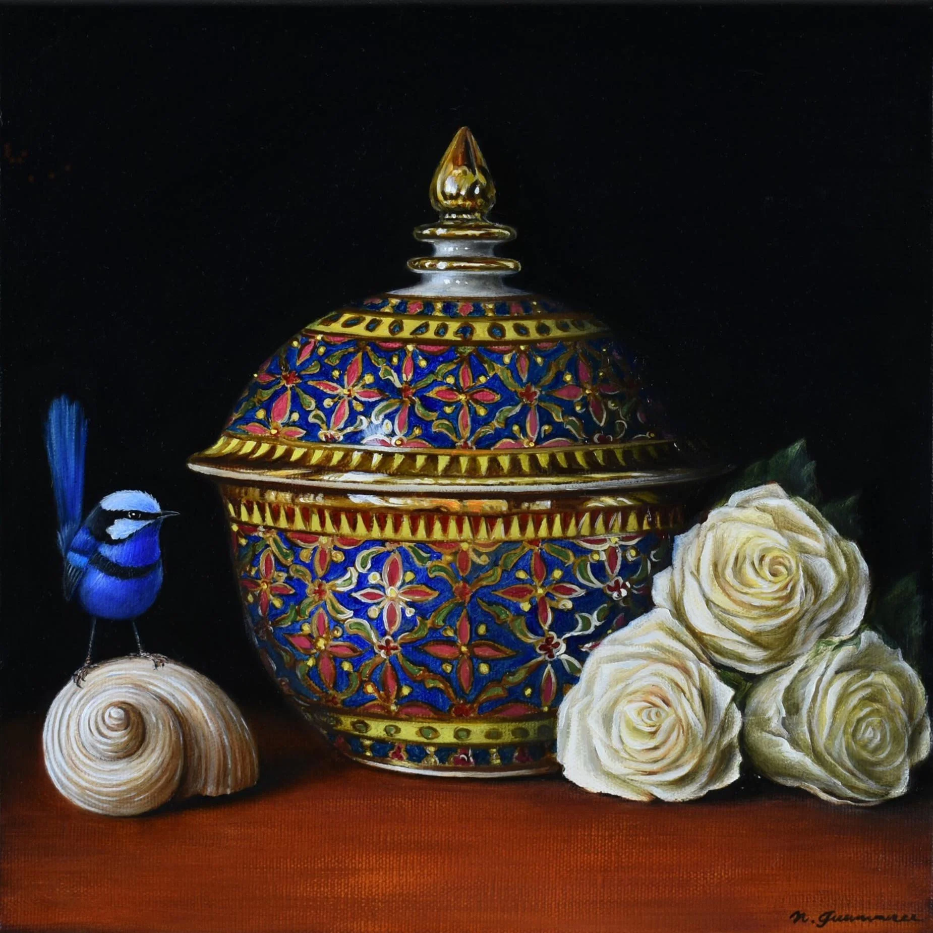Thai Benjarong Bowl and Roses 
oil on canvas 
30 x 30cm