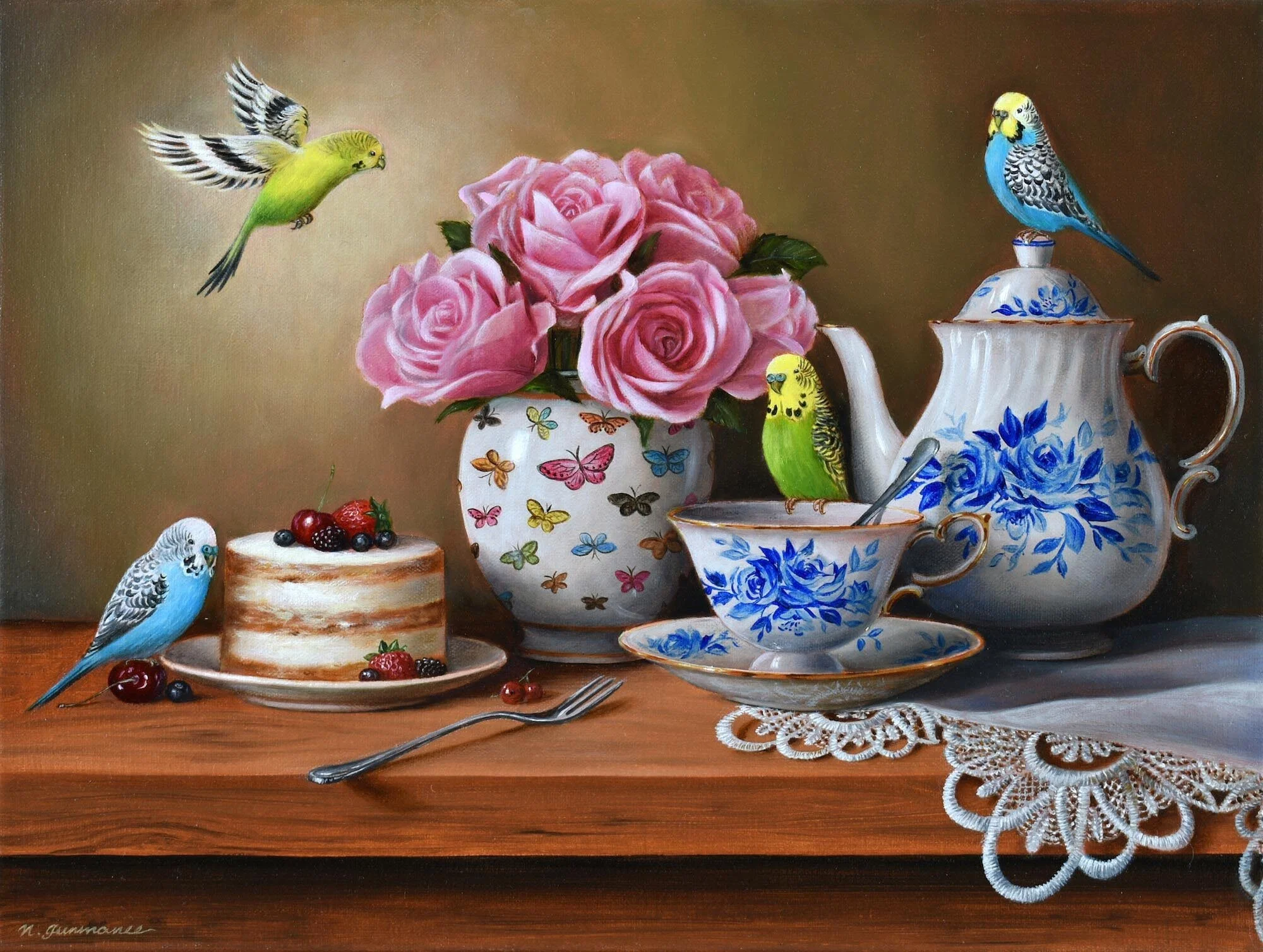 Budgerigar’s Tea Party
oil on canvas 
30 x 40cm