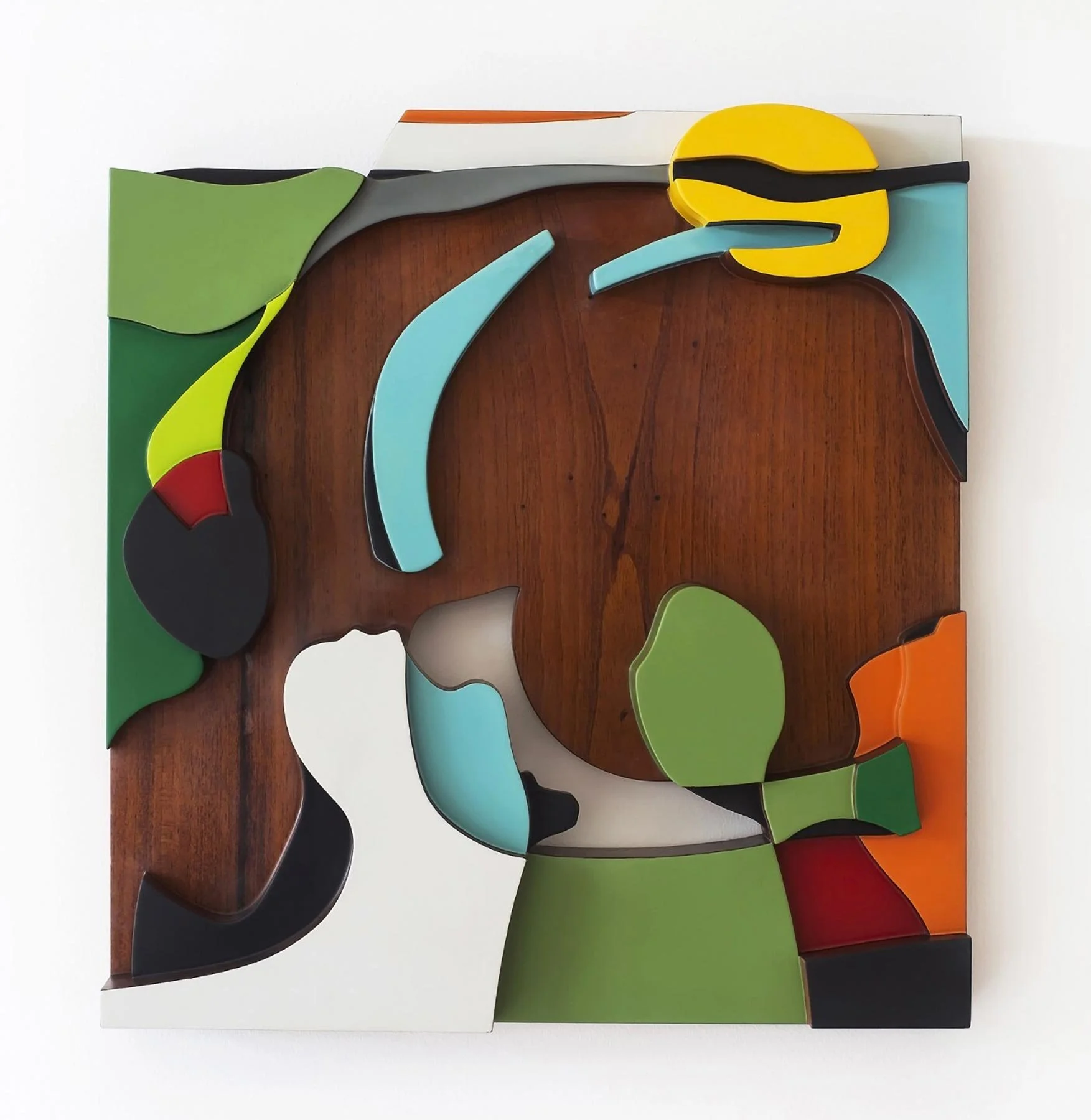 Crescent
Made from a single piece of Mahogany.
Painted with clear polyurethane and coloured acrylics
44 cm  x 45 cm x 6.7 cm