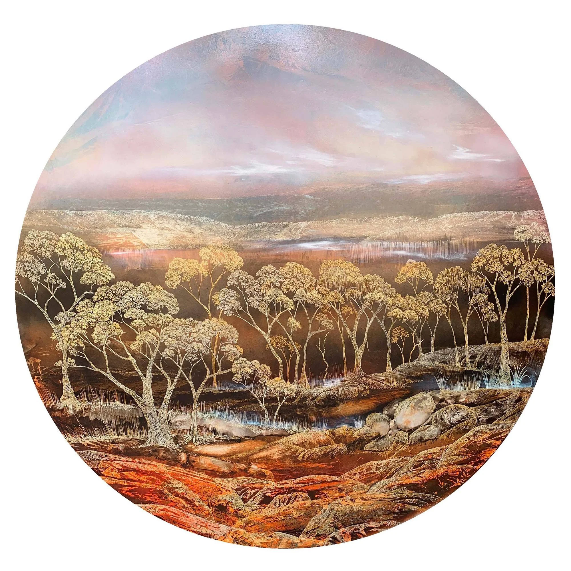 Dry Sclerophyll 
ink, acrylic, soldering iron on board 
100 cm diam