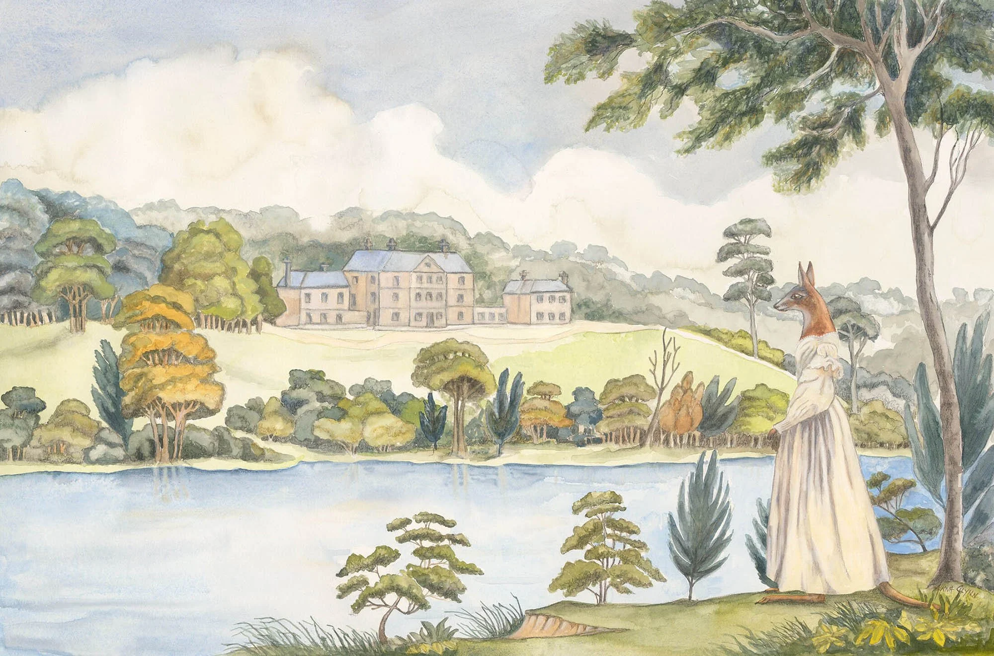 Colonial Hybrid Reimagined from Joseph Lycett -  View of the Female Orphan School, near Parramatta, 1824
2017
Ink, watercolour & pencil on Arches paper
44 x 57 cm / 75 x 87 cm framed
$4,800