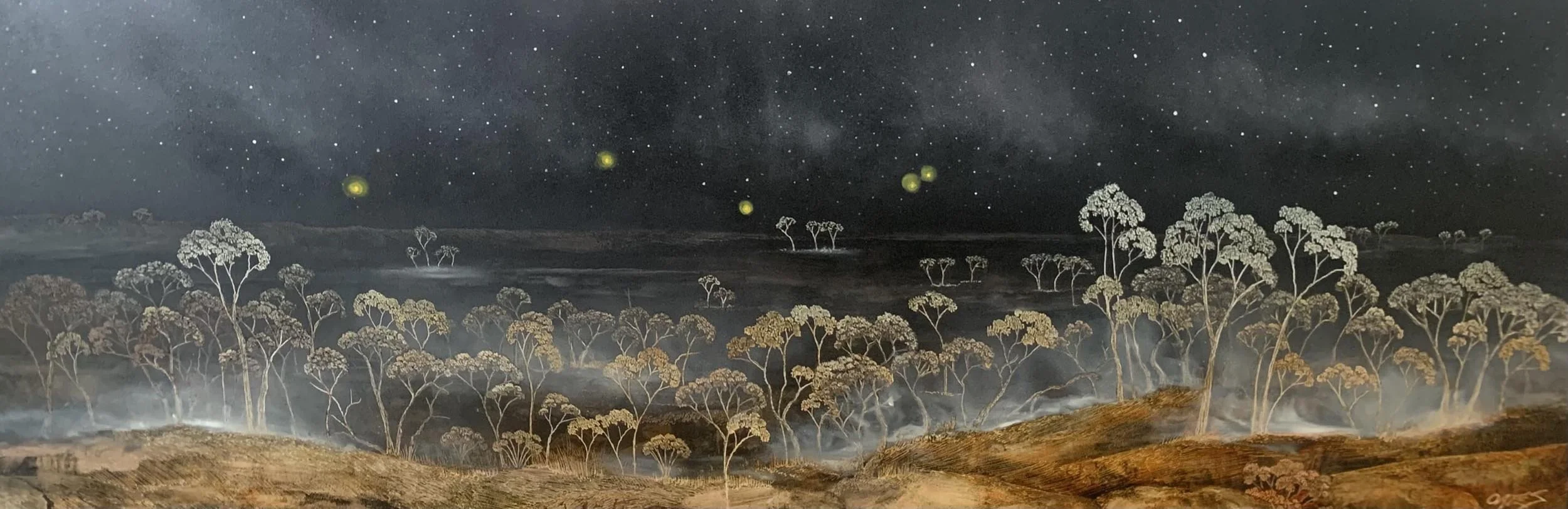 Dreaming of UAPS 
acrylic, ink, and soldering iron on board 
40 x 120cm
