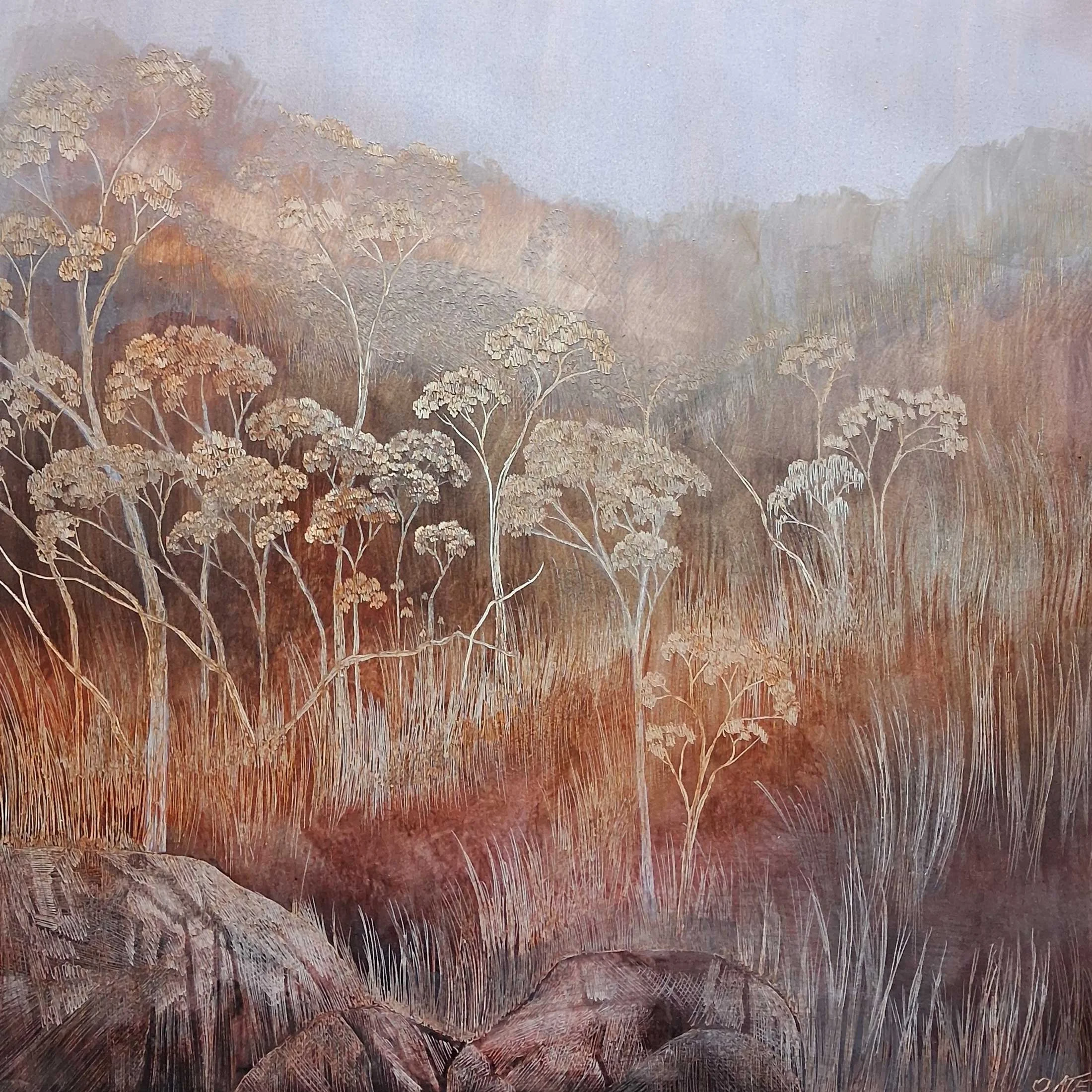 Summer Bush
ink, acrylic, soldering iron on board
46 x 46 cm